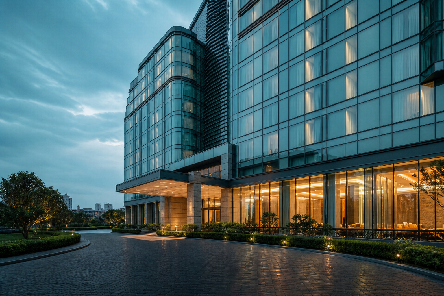 Illustrative contemporary hotel exterior atmosphere