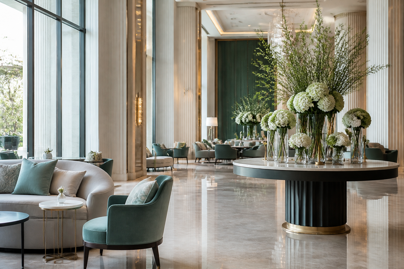 Illustrative hotel lobby atmosphere